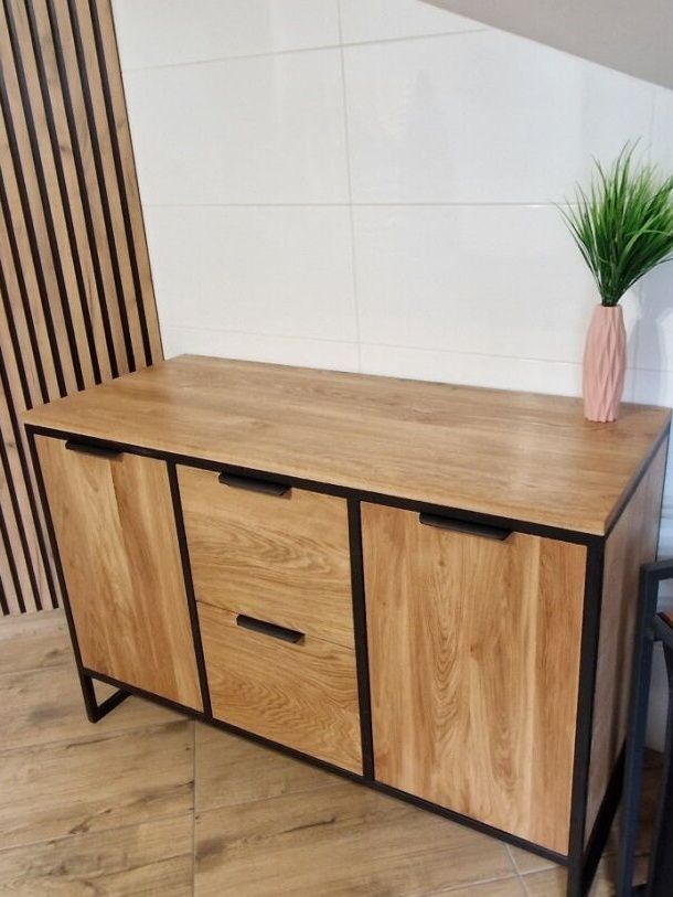 Komoda dębowa loft, lite drewno dąb, konsola z szufladami/drzwiczkami