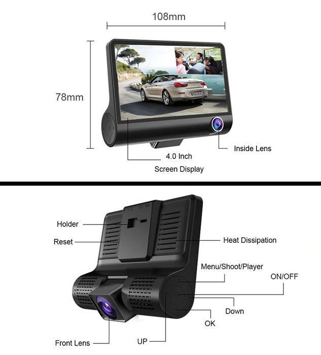 Zestaw: Wideorejestrator Kamera Rejestrator Jazdy 3W1 Fullhd 1080P