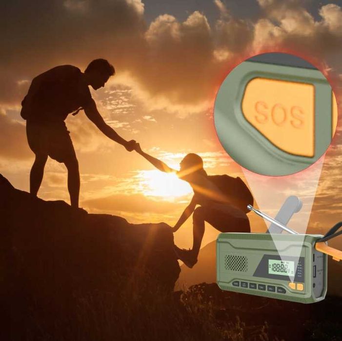 Radio Przenośne Powerbank 2000mAh Latarka Ładowanie Solarne, Korbowe