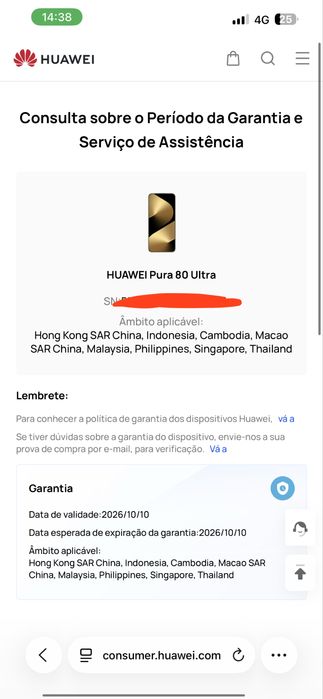 Huawei Pura 80 Ultra 16/512GB - Fatura e garantia
