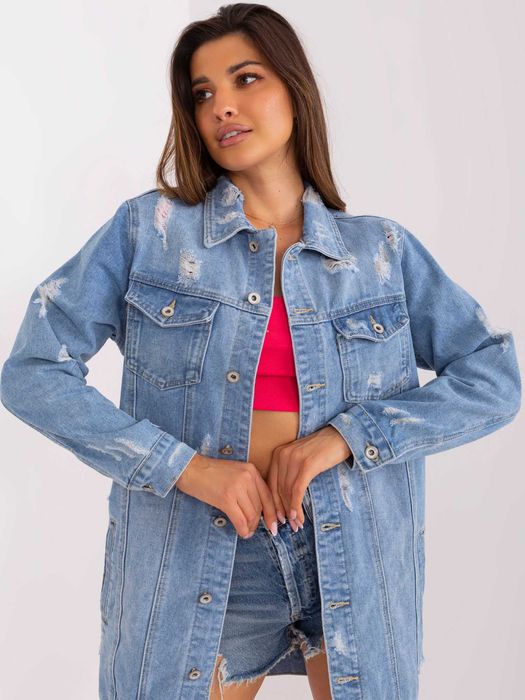 Niebieska długa kurtka jeansowa z kieszeniami M