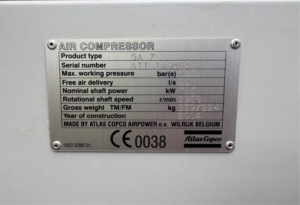 Kompresor Atlas Copco GA7 7.5kW 1.2m3 7.5BAR