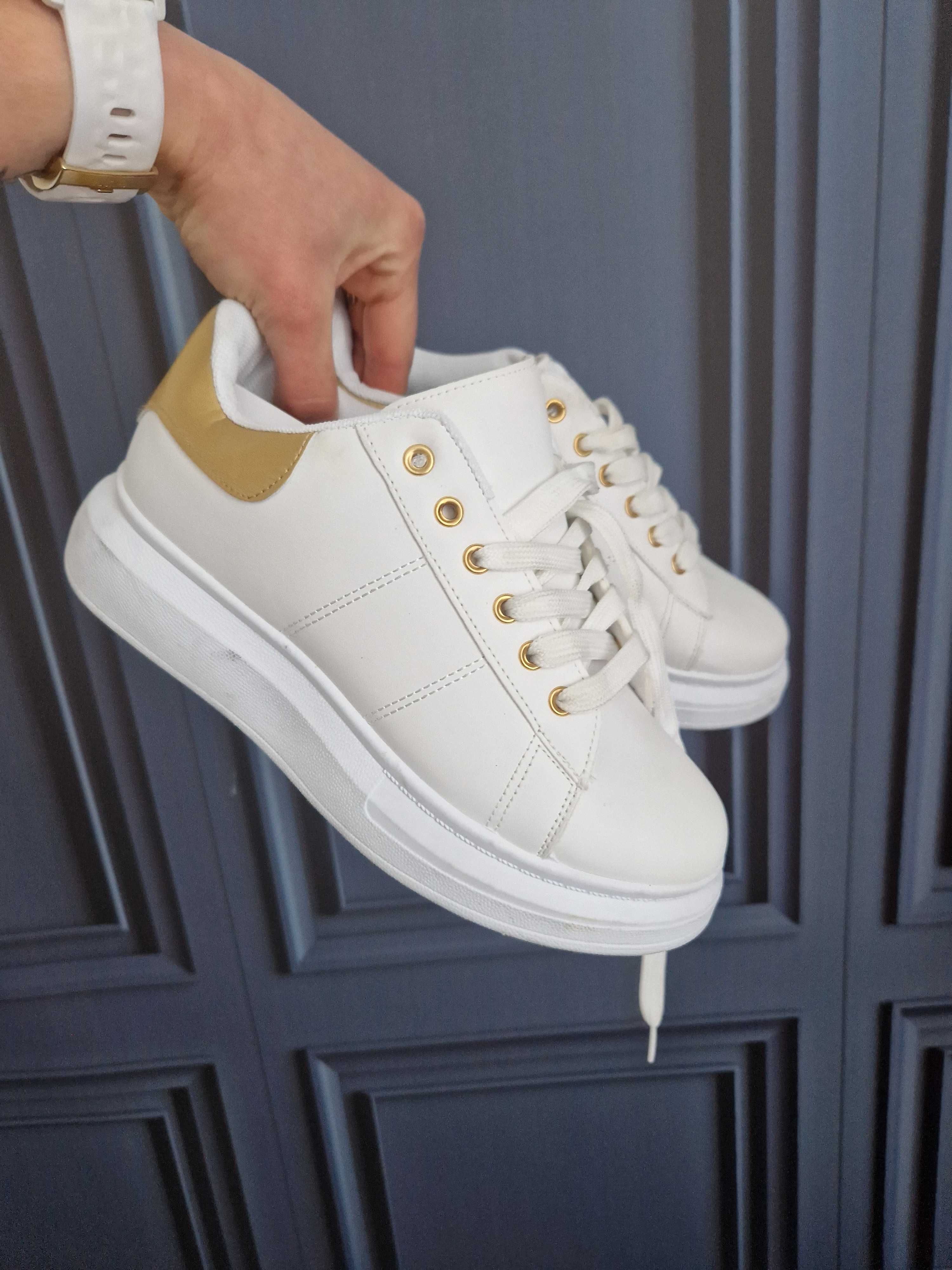 buty nowe białe ze złotym na wyższej podeszwie platformie 39   loft37