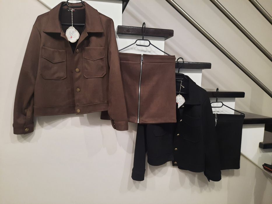 Wysokogatunkowy komplet zamszowy zestaw bluza marynarka i spódniczka