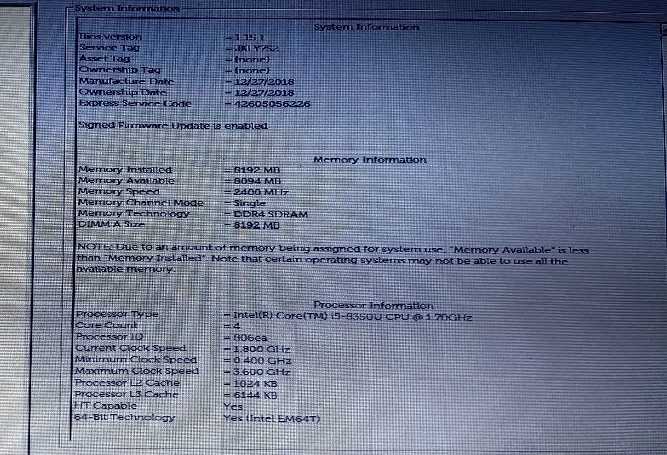 Ноутбук Dell 8(E7290)/i5-8350U/Ram No/SSD No