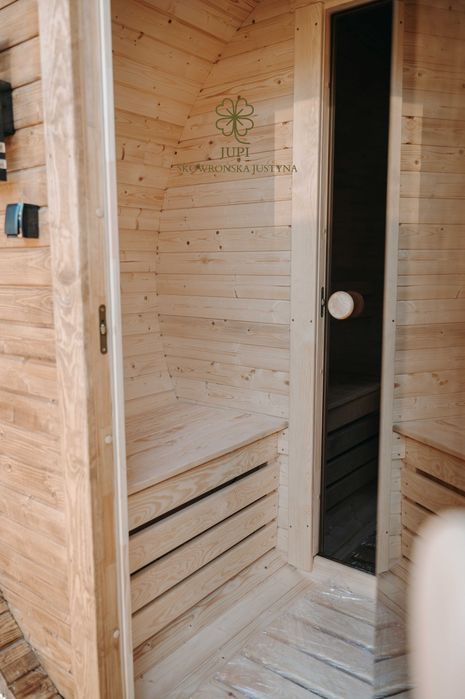 Sauna ogrodowa beczka 340cm z przedsionkiem piecem i oświetleniem LED