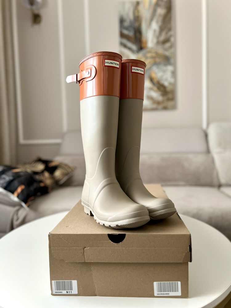 Wysokie dwu kolorowe beżowe kalosze, gumowce Hunter Color Block 39