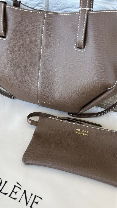 Сумка шопер POLENE Cyme mini коричневая, черная, натуральна шкіра