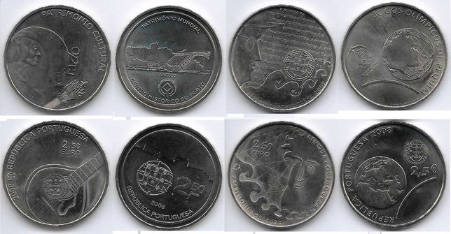4 moedas de 2,50€ de Portugal. Sem circular.