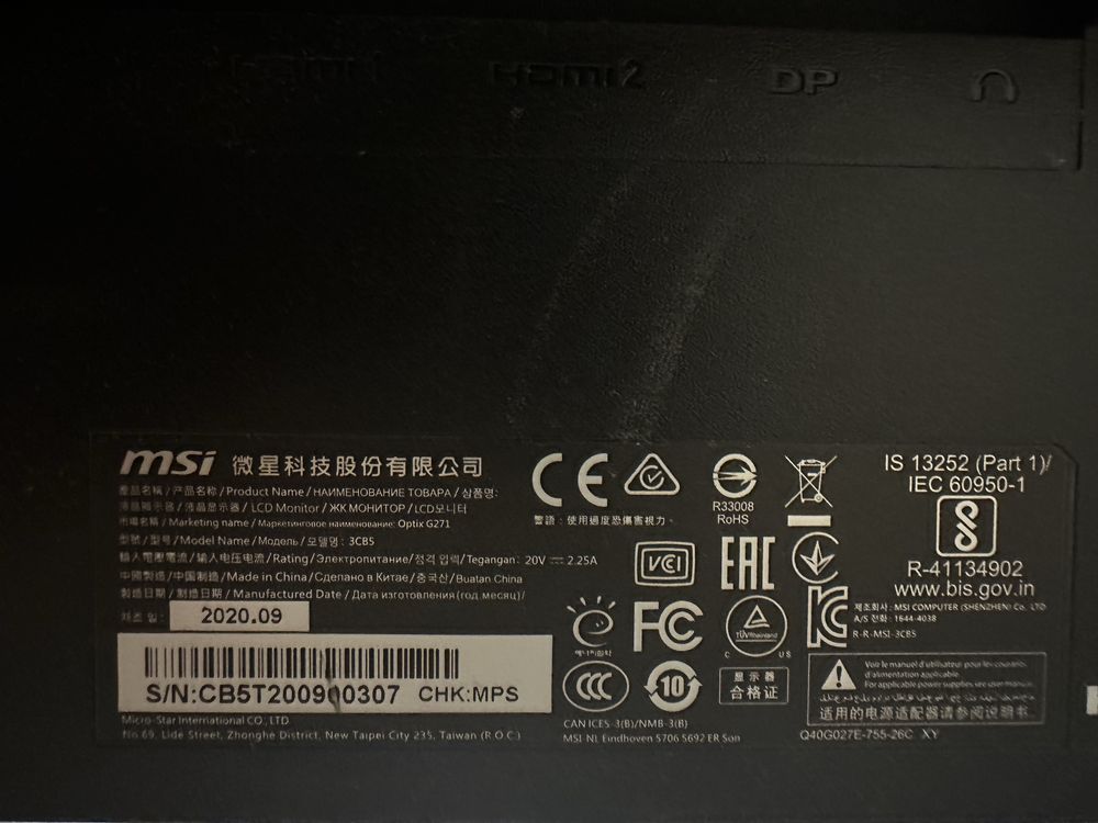 Monitor MSI G271 27’ 144Hz