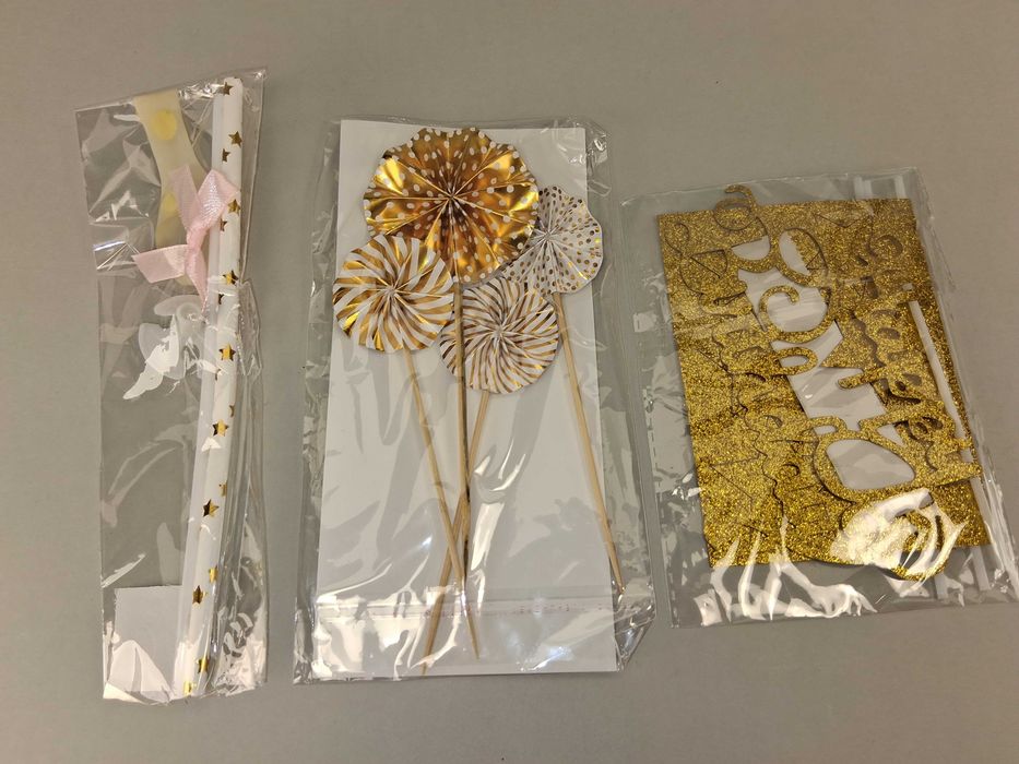 N099 Złote Dekoracje Na Tort Topper Świeczki Rozety Urodziny