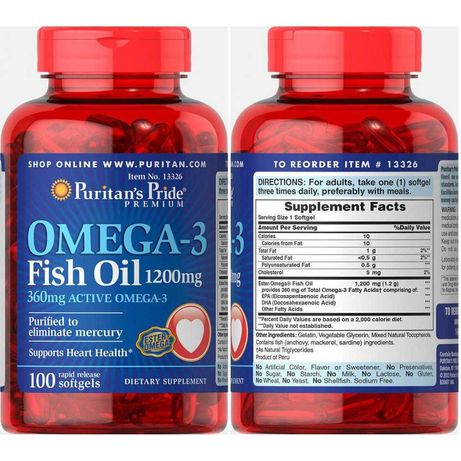 Омега 3 Puritan's Pride Omega-3 Fish Oil 1000 mg 100 Softg + пробник