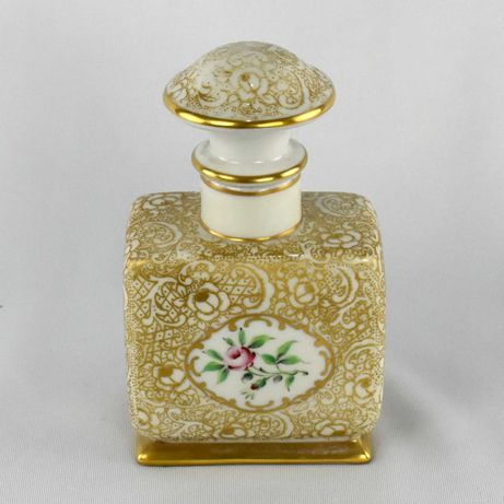 Frasco de perfume com tampa em porcelana Artibus, flores e Dourado