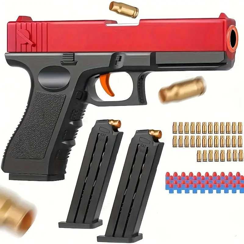 Pistolet zabawkowy z mechanizmem odciągania i z łuskami.