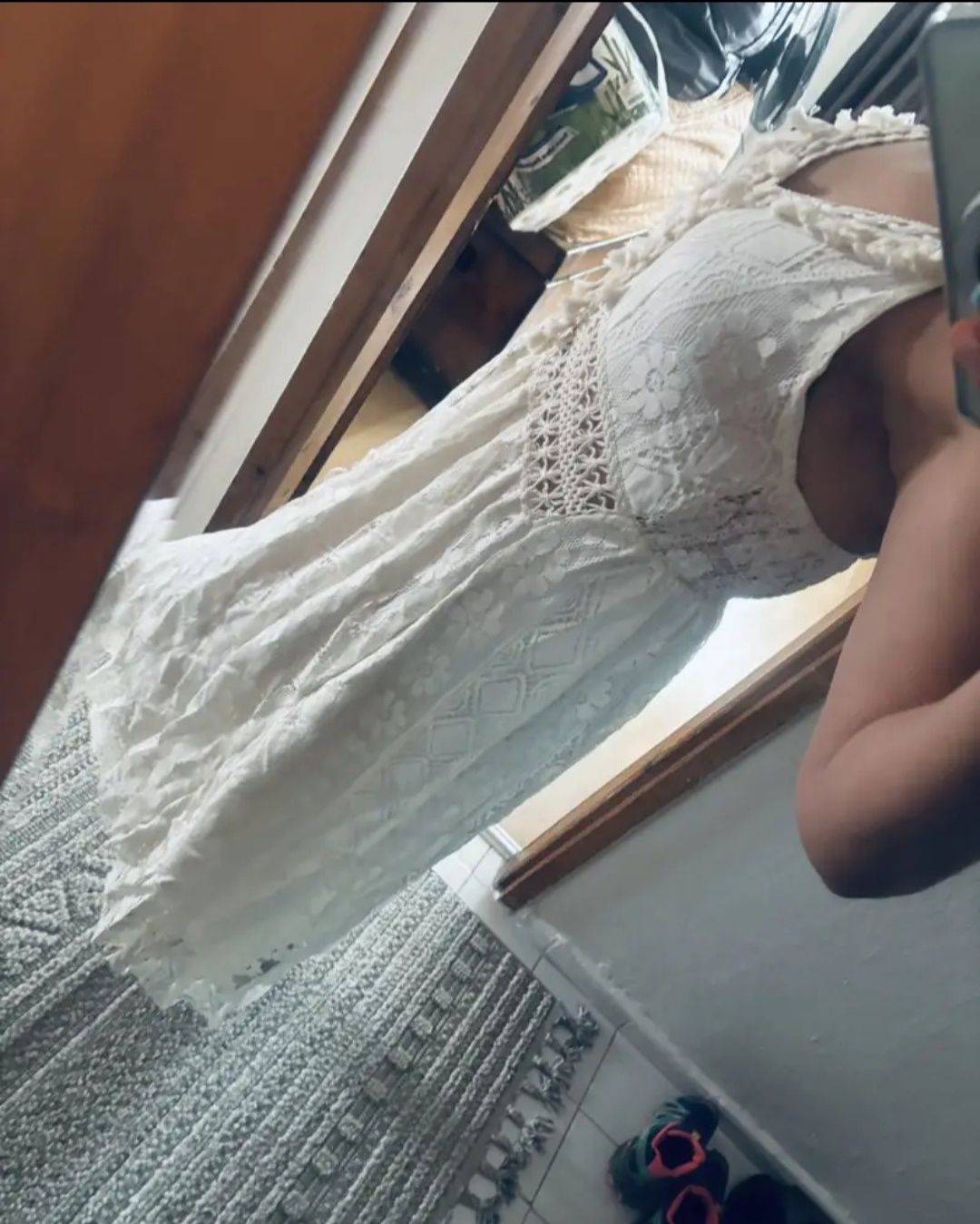 Sukienka kremowa koronkowa w stylu Boho asymetryczna nowa XL