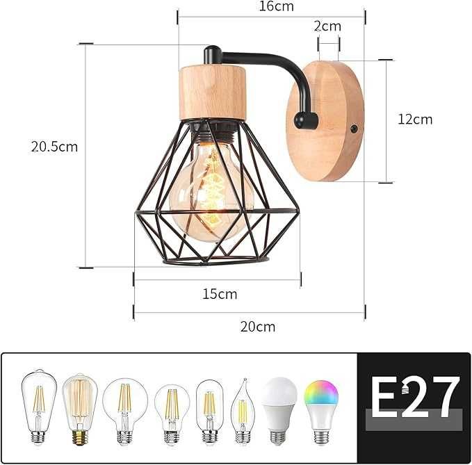 TOKIUS Zestaw 2 ściennych lamp z metalu i drewna, E27, regulowane