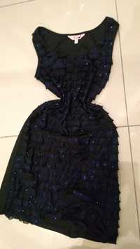 Czarno granatowa sukienka z falbankami brokat granatowy