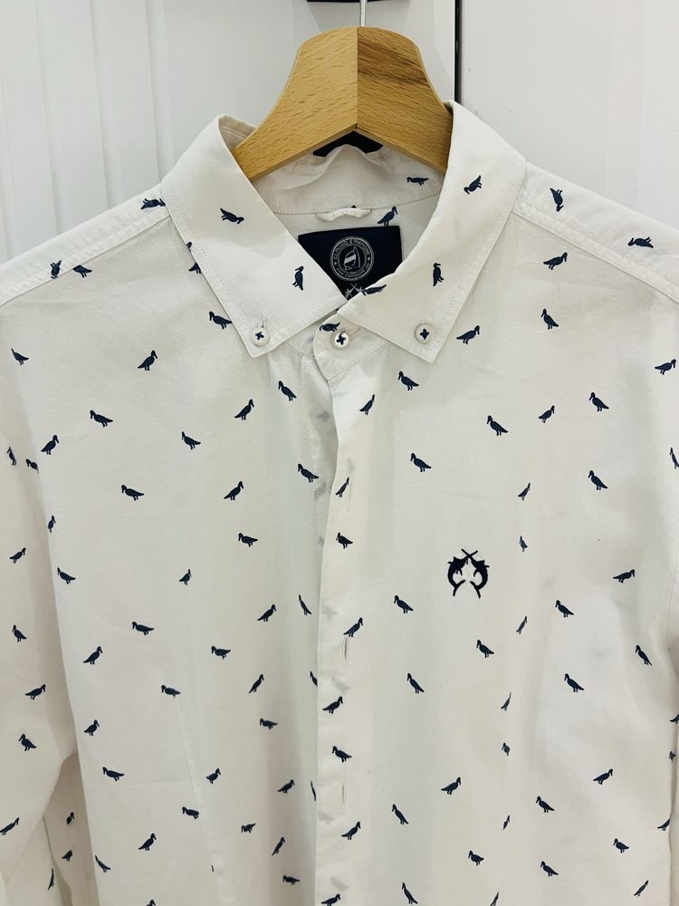 Biała koszula Claudio Campione Slim Fit granatowe wzory, luksus