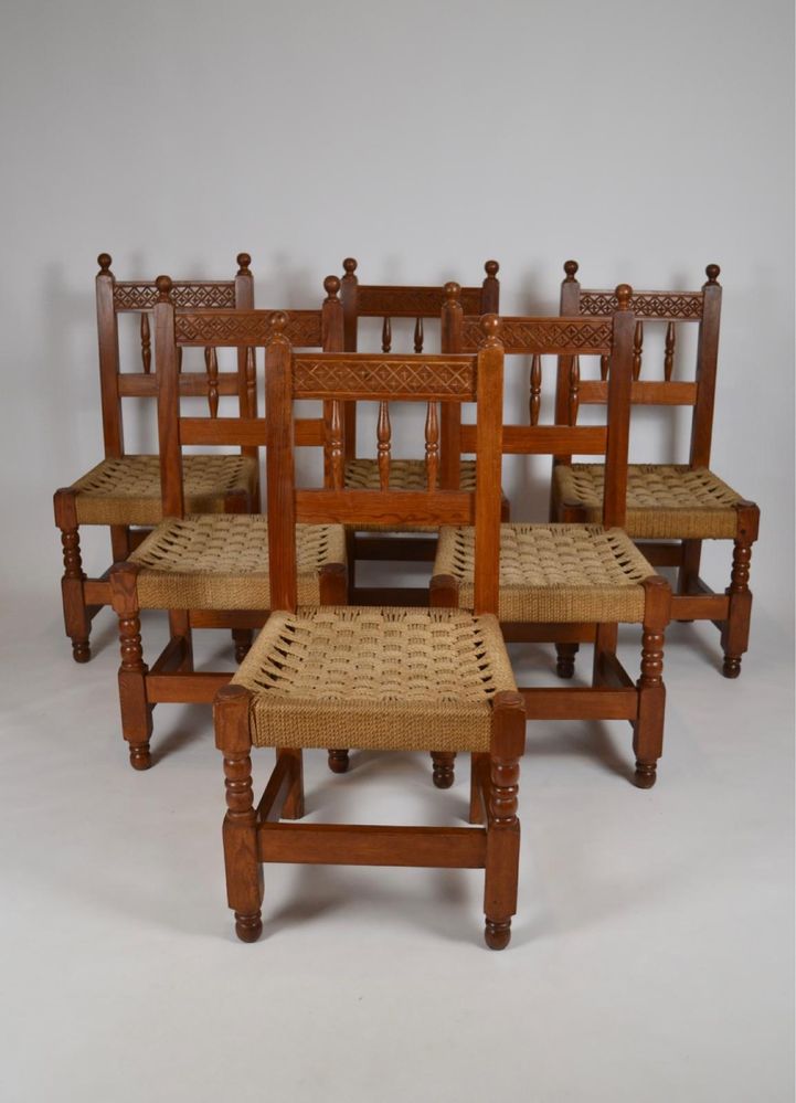 Conjunto de 6 cadeiras em corda e madeira
