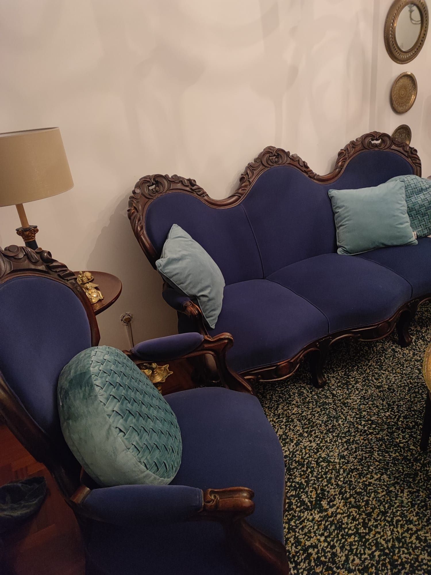 Sofá vintage azul escuro com 2 poltronas