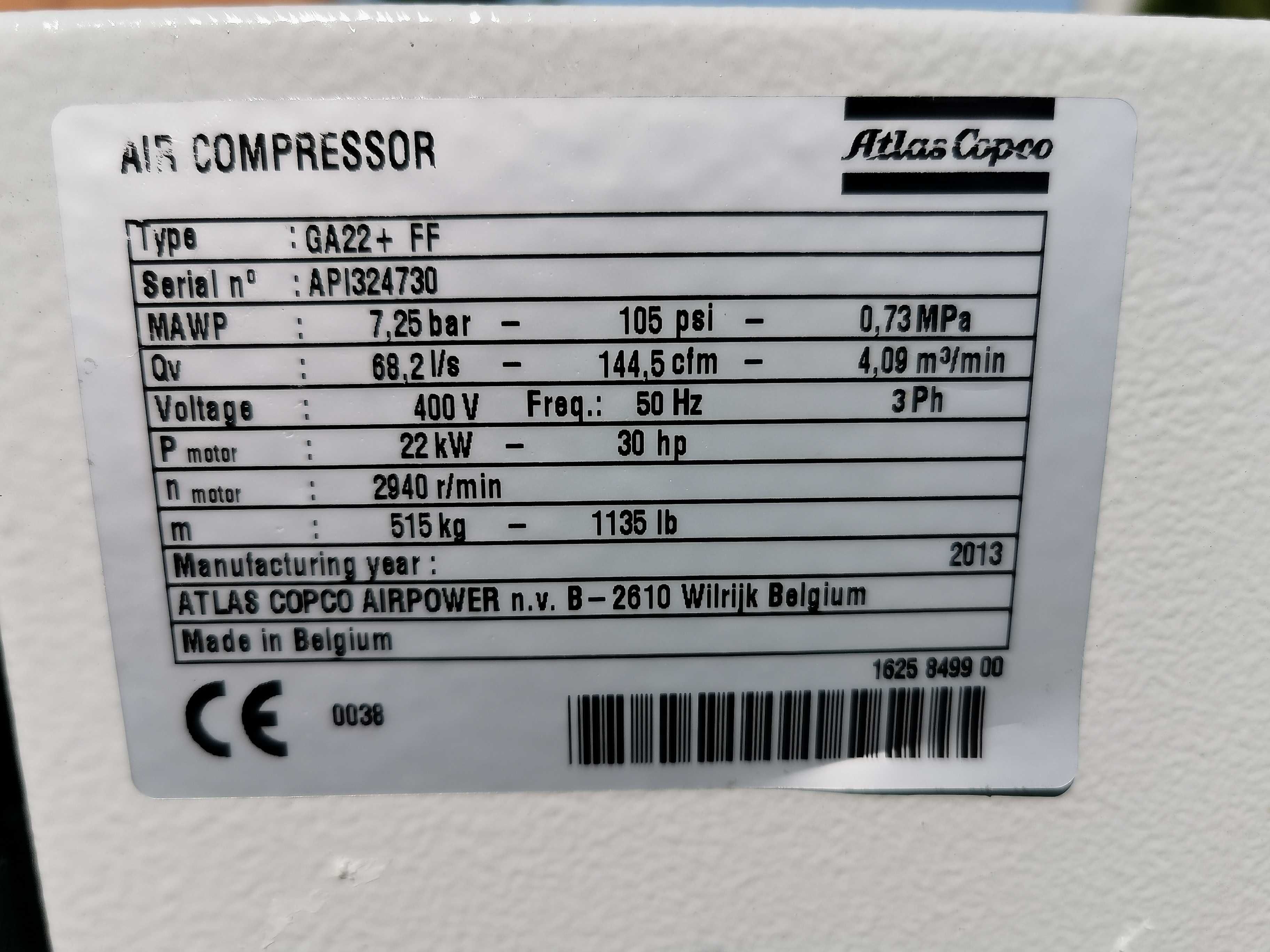 22kw 4010L/min Sprężarka śrubowa ATLAS COPCO GA22FF +OSUSZACZ  7.3 BAR