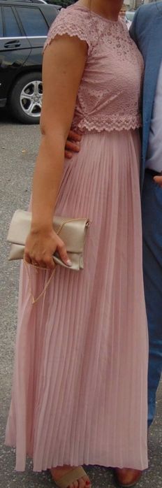 Nowa Długa sukienka plisowana top koronkowy pudrowy róż L XL