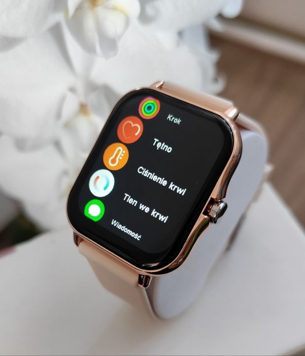 Złoty Damski Smartwatch Zegarek Polskie Menu Nowy