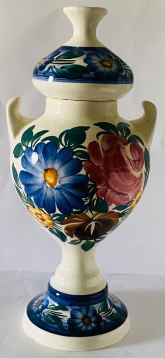 Amfora, Fajans, Wazon  z czasów PRL, ręcznie malowana, sygnatura