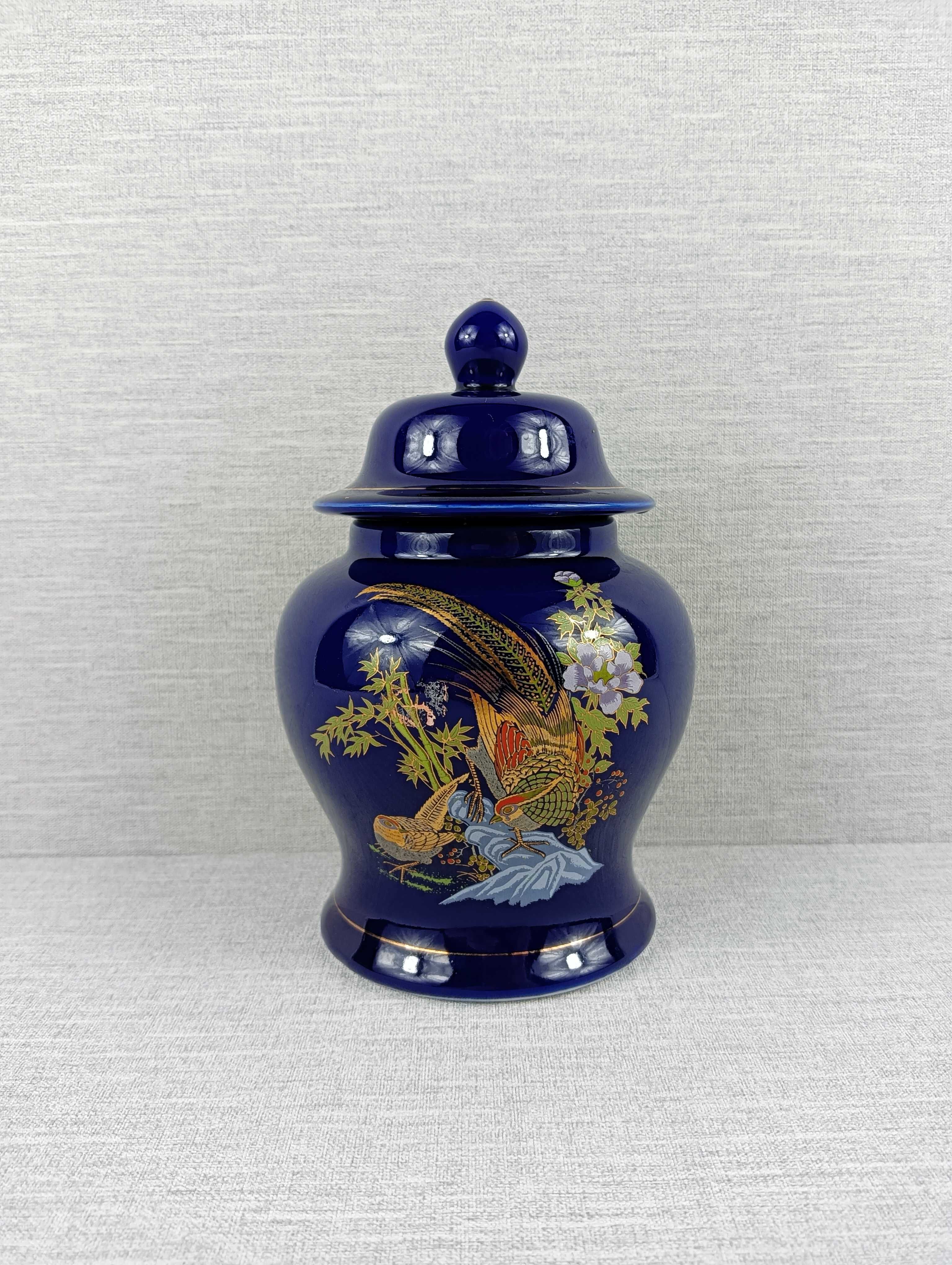 Szkliwiona kobaltowa urna/ wazon Japońska sygnatura Retro szkło Orient