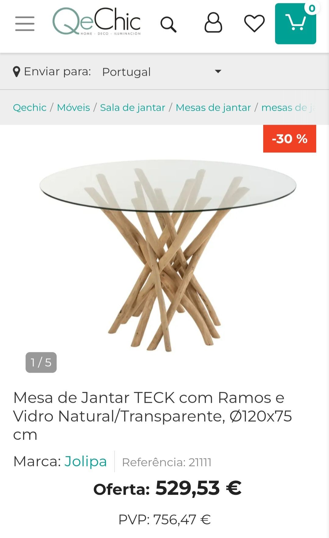 Mesa de Jantar redonda com Ramos e Vidro Natural/Transparente, Ø120x75