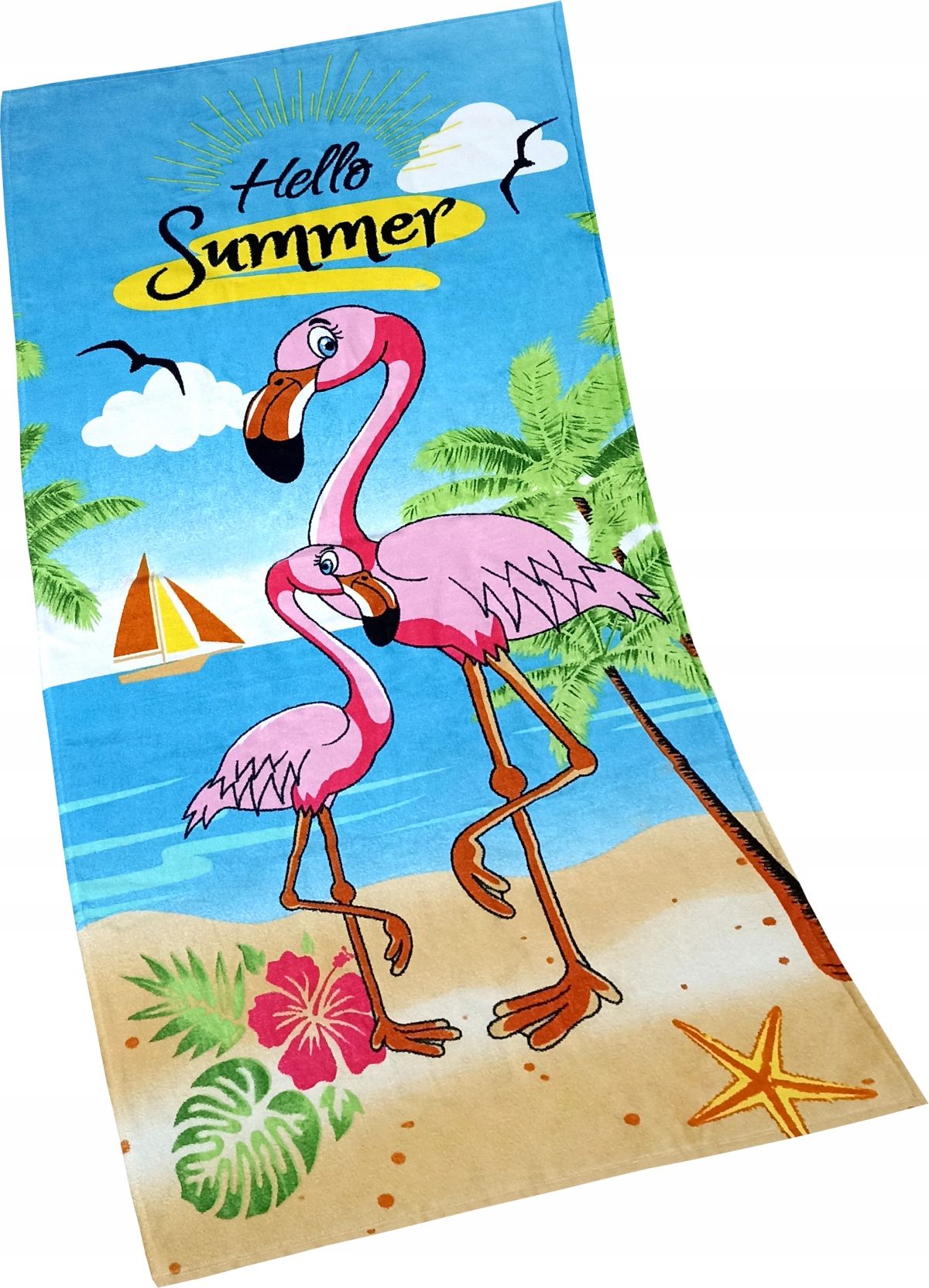 Ręcznik plażowy 75x150 Hello Summer flamingi niebi