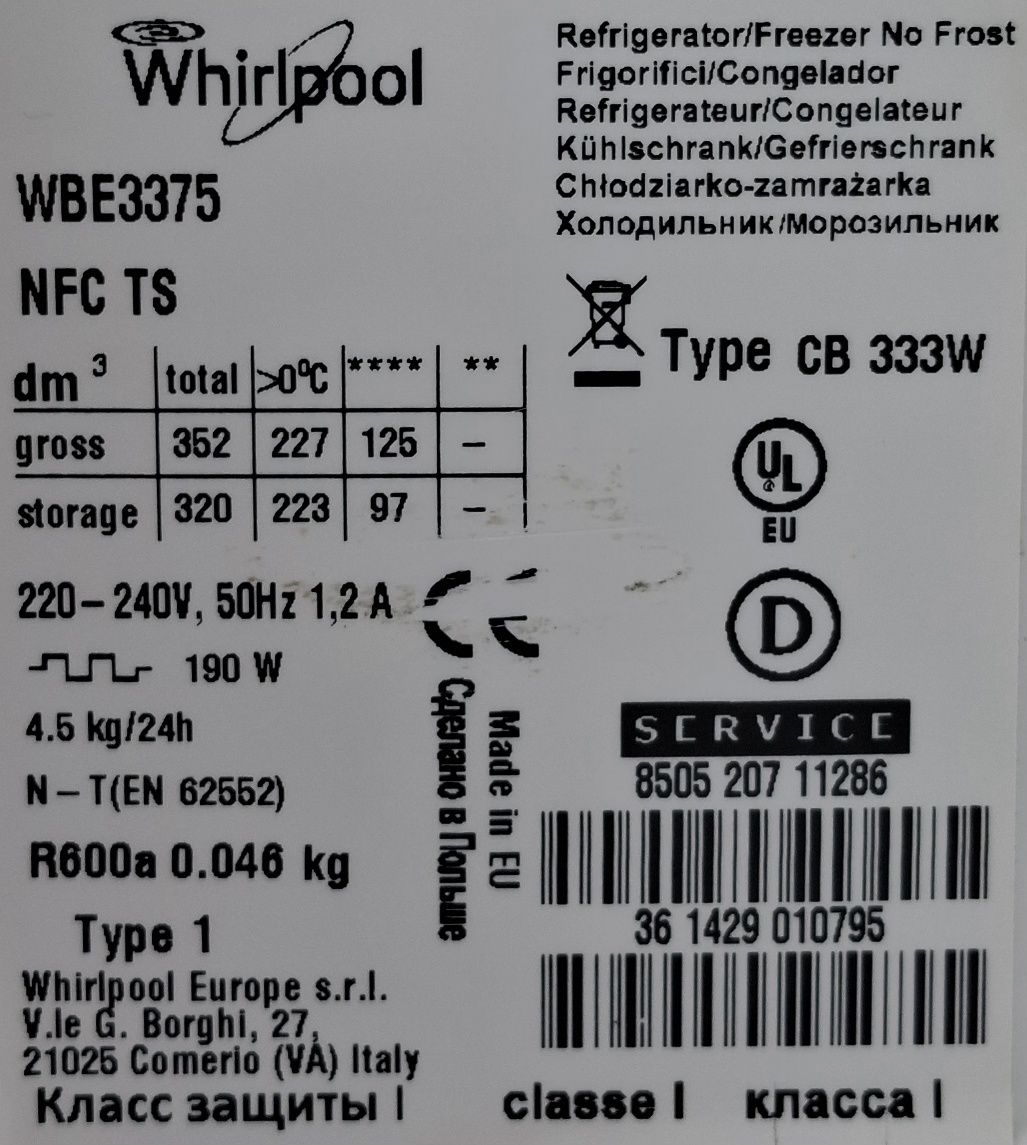 Lodówka Whirlpool 185cm z transportem,Gwarancja