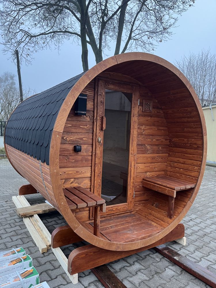 Sauna Ogrodowa Beczka 300cm z Przedsionkiem i Piecem Elektrycznym