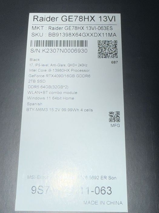 MSI RAIDER GE78 HX 13VI-063ES - i9 13980HX RTX 4090 64GB RAM