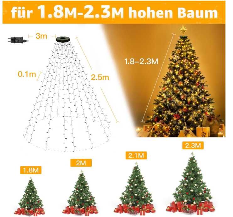 Lampki choinkowe z pierścieniem 2.5m 300LED 12 pasm ciepła biel OLLNY