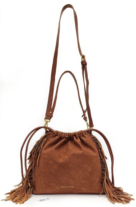 Elegancka Torebka Listonoszka Worek z Frędzlami Styl Boho Western Brąz