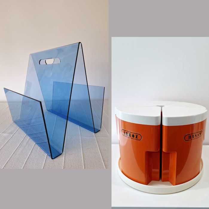 Lote de Design Vintage: Porta-revistas e Kit de Frascos de Cozinha 70s