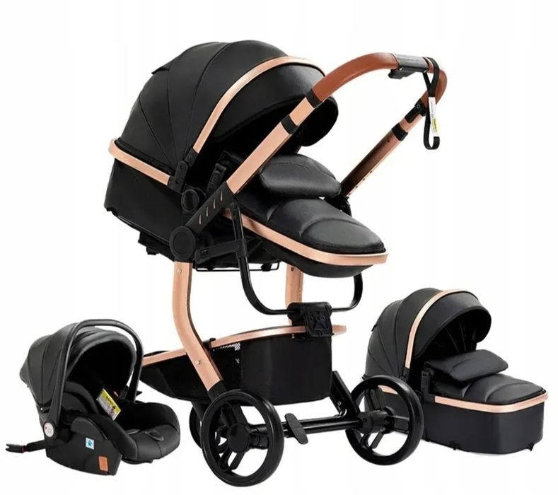 Czarno złoty wózek dziecięcy 3 w 1 design gondola spacerówka fotelik