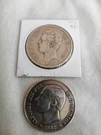 Moedas prata 900 de 5 pesetas, 1871 e de 1882.