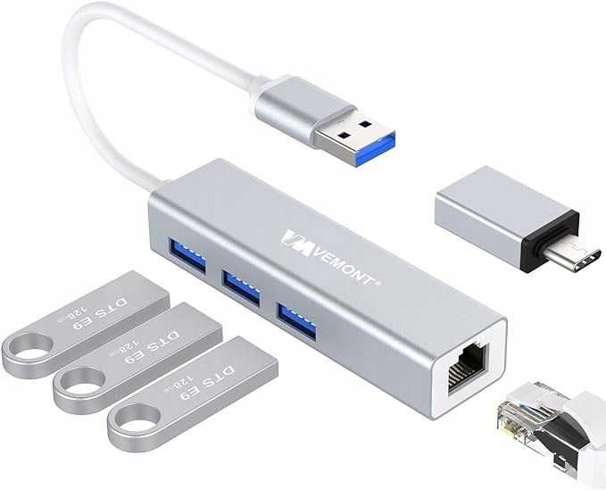 Rozgałęziacz adapter USB LAN, adapter Ethernet USB, 3 porty USB 3.0