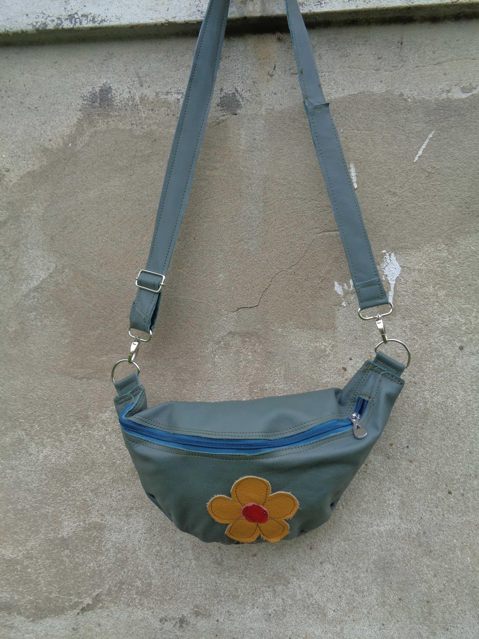 Artystyczna skórzana nerka z kwiatkiem. Handmade