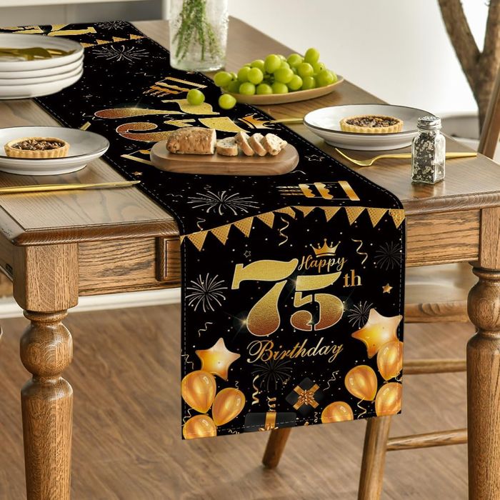 Dekoracja Stołu na Przyjęcie 75 Urodziny  Czarny Złoty 40x140 cm