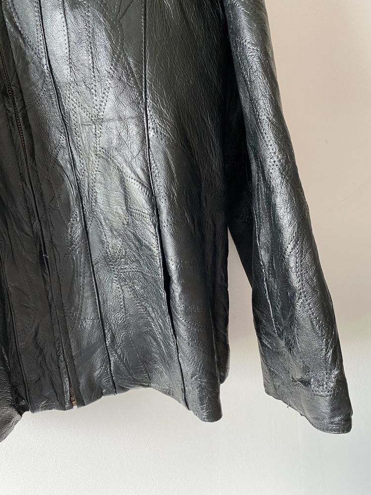 Skorzana kurtka czarna vintage łączone materialy