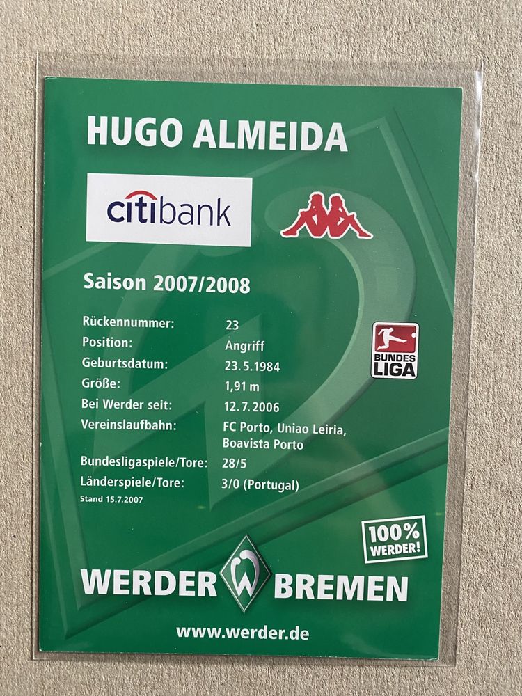 Cartão Assinado - Hugo Almeida - Werder Bremen 2007 / 2008 Portugal
