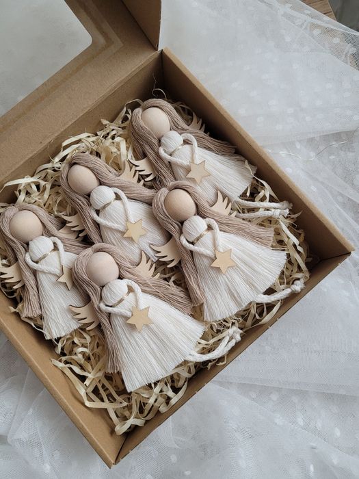 Aniołki na choinkę świąteczne ozdoby boho rękodzieło makrama