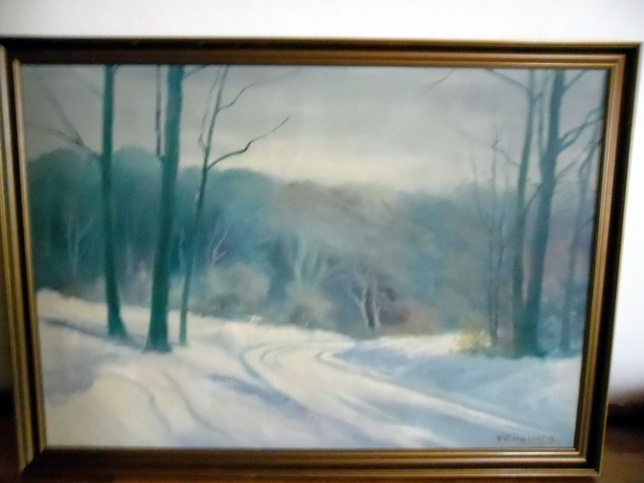 Obraz olejny na płótnie, Frederik Halberg pejzaż zimowy 95cm x 66cm