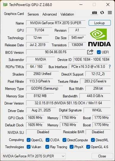 Gainward RTX 2070 SUPER Phoenix 8GB GDDR6 – po serwisie, sprawna