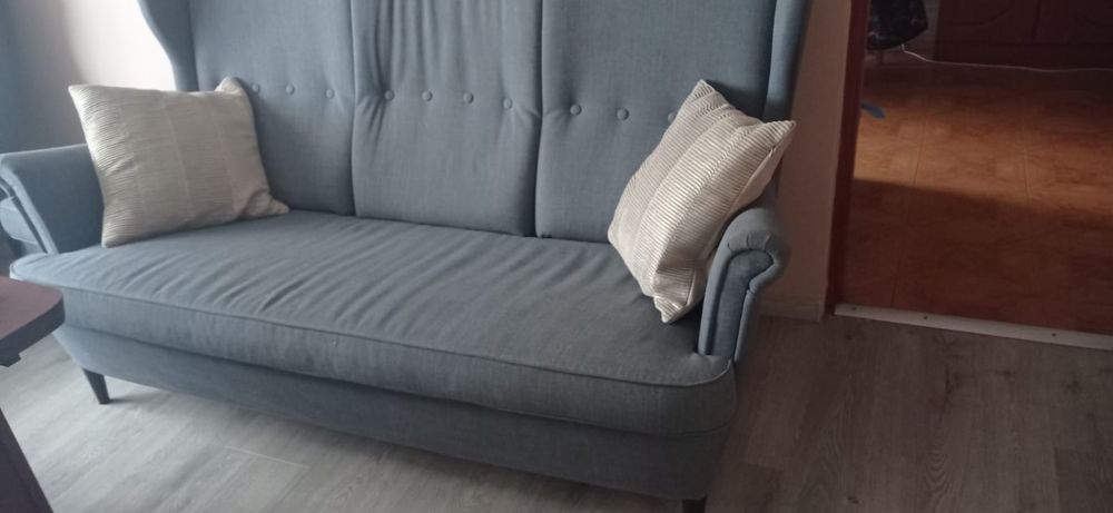Zestaw 2 fotele IKEA Strandmon, fotel szary i czerwony, kanapa szara