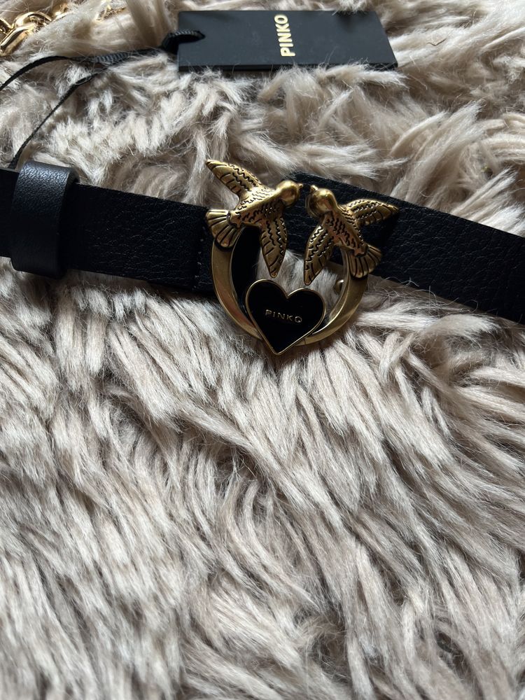 Pinko pasek czarny złote logo love belt H2 r M z łańcuszkiem i workiem