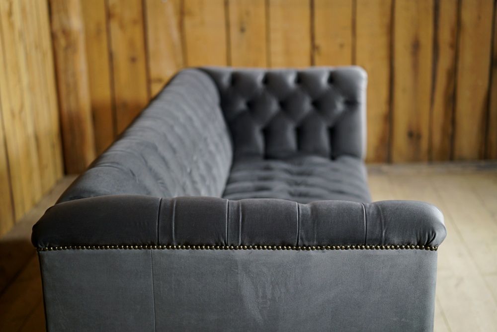 Sofa Kanapa Na Wymiar Chesterfield + Pufa Popiel Szara Retro PRL Loft
